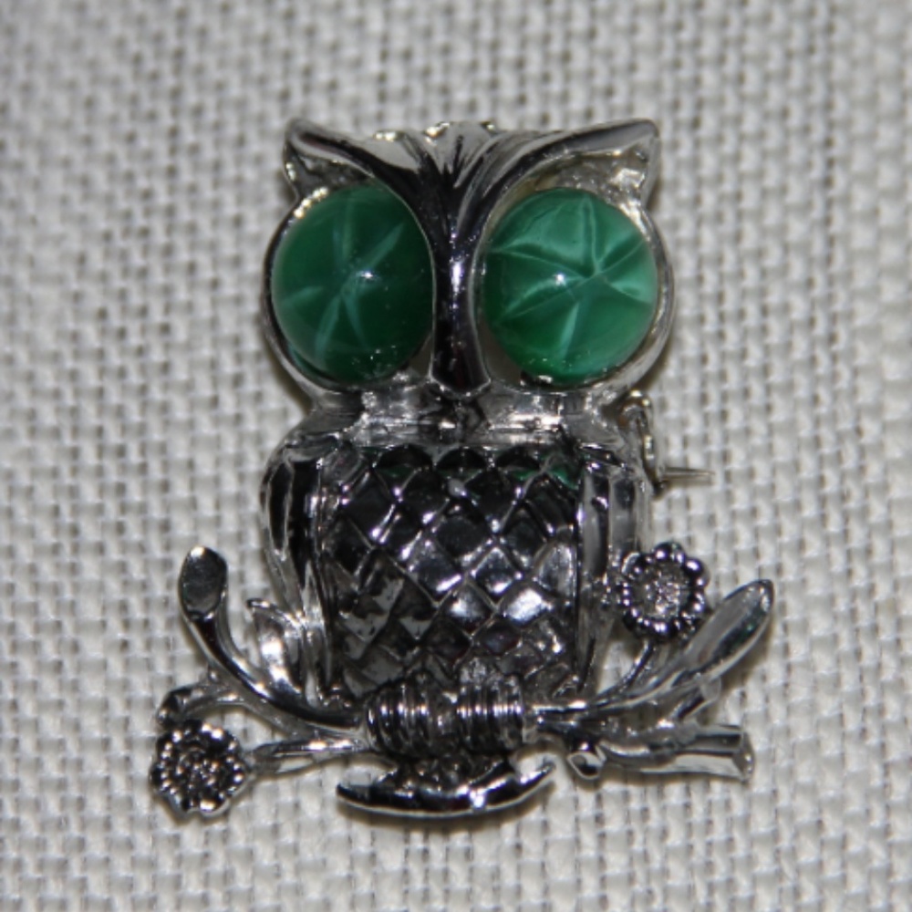 Vintage Owl Brooch With Green Eyes